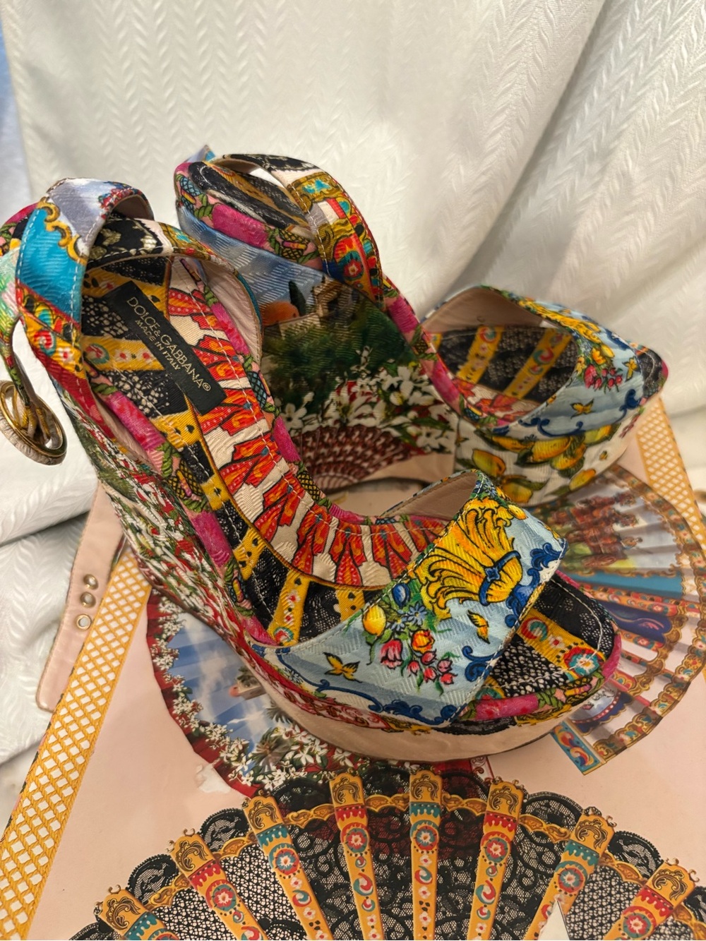 DOLCE & GABBANA Multicolor Printed Textile Ankle Strap Wedges